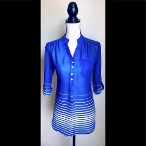 Blue & White Striped Mesh Top: & Swimsuit Cover Up, Loose Fit, 3/4 Sleeve, Sz. S